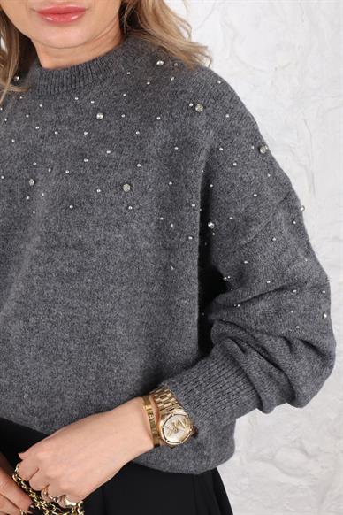 Füme Dağınık Taşlı Triko Kazak