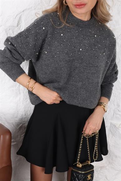 Füme Dağınık Taşlı Triko Kazak