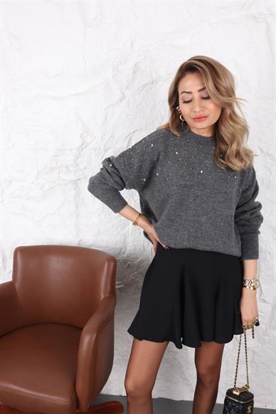 Füme Dağınık Taşlı Triko Kazak