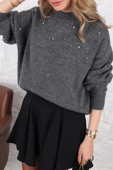 Füme Dağınık Taşlı Triko Kazak