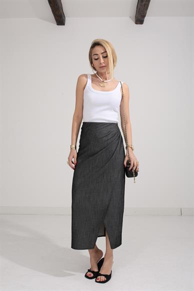 Füme Drapeli İnce Denim Etek