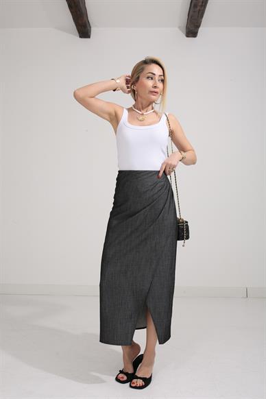 Füme Drapeli İnce Denim Etek