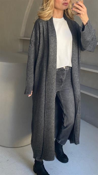 Füme Şal Yaka Uzun Triko Hırka