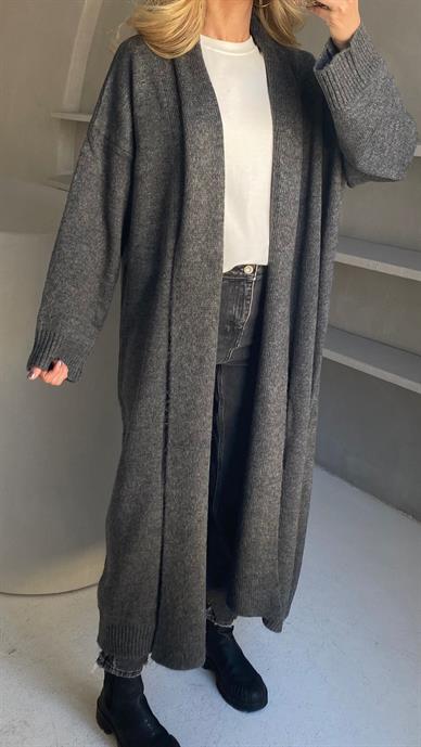 Füme Şal Yaka Uzun Triko Hırka