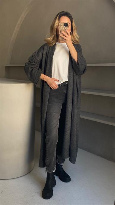Füme Şal Yaka Uzun Triko Hırka