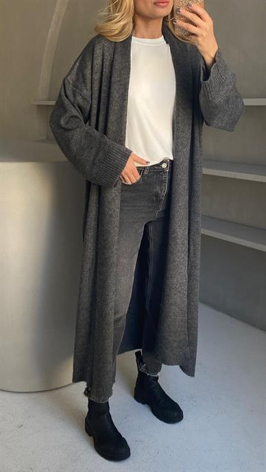 Füme Şal Yaka Uzun Triko Hırka