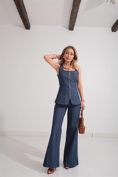 Gabardin Yelekli Denim Takım