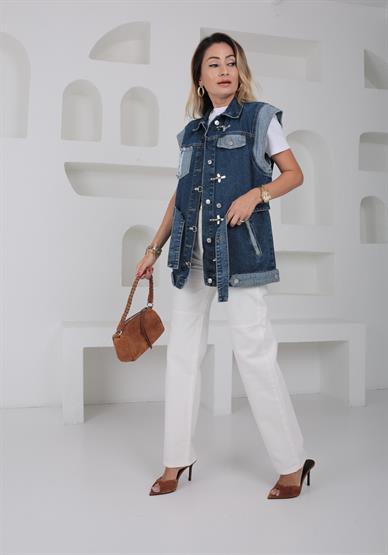 Garnili Kancalı Denim Yelek