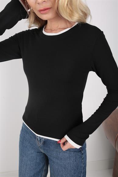 Garnili Siyah İnce Penye Sweatshirt