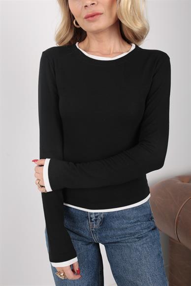 Garnili Siyah İnce Penye Sweatshirt