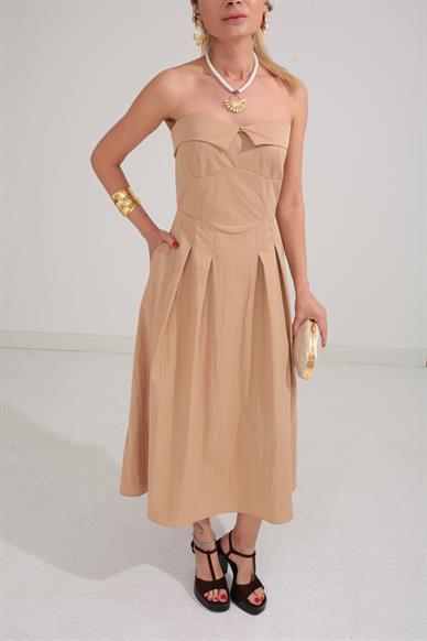 Garnili Vatkalı Straplez Camel Elbise