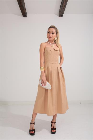 Garnili Vatkalı Straplez Camel Elbise