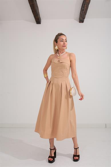 Garnili Vatkalı Straplez Camel Elbise