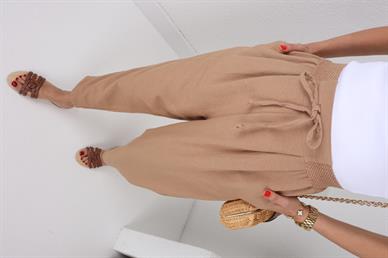 Geniş Lastik Detay Camel Keten Pantolon