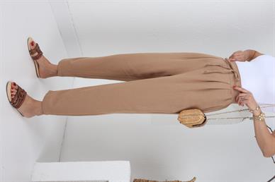 Geniş Lastik Detay Camel Keten Pantolon
