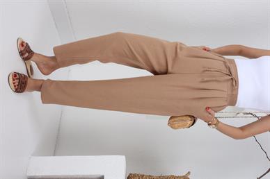 Geniş Lastik Detay Camel Keten Pantolon