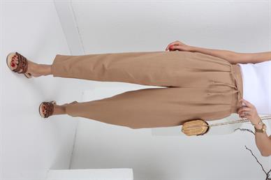 Geniş Lastik Detay Camel Keten Pantolon