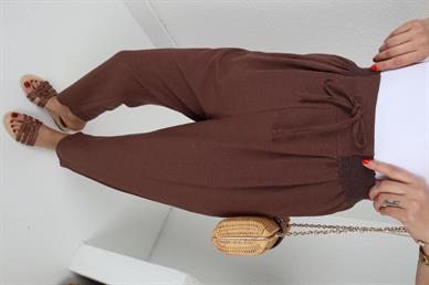 Geniş Lastik Detay Kahve Keten Pantolon