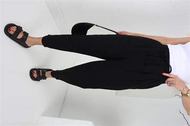 Geniş Lastik Detay Siyah Keten Pantolon