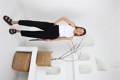 Geniş Lastik Detay Siyah Keten Pantolon