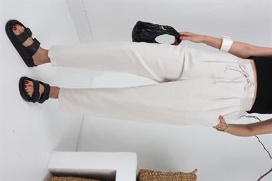 Geniş Lastik Detay Taş Keten Pantolon