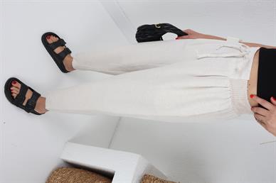 Geniş Lastik Detay Taş Keten Pantolon