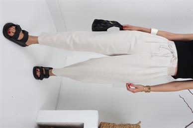 Geniş Lastik Detay Taş Keten Pantolon