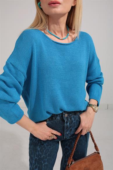 Geniş Yaka Mavi Mevsimlik Triko
