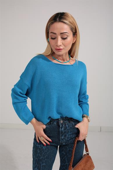 Geniş Yaka Mavi Mevsimlik Triko