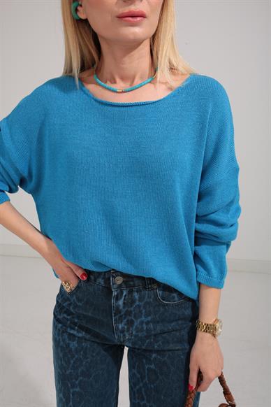 Geniş Yaka Mavi Mevsimlik Triko