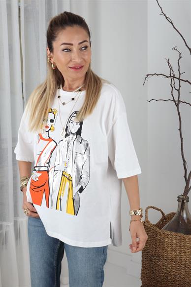 Geniş Yaka Silver Kadın Baskılı Tshirt