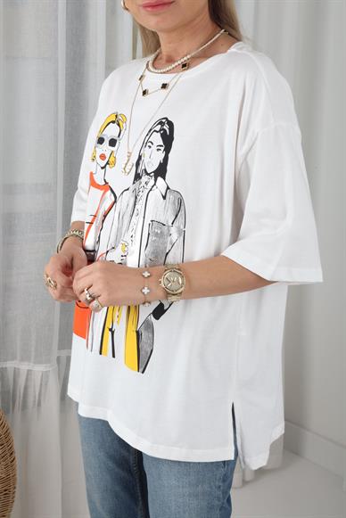 Geniş Yaka Silver Kadın Baskılı Tshirt