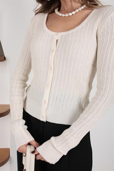 Geniş Yaka Transparan Ekru Hırka