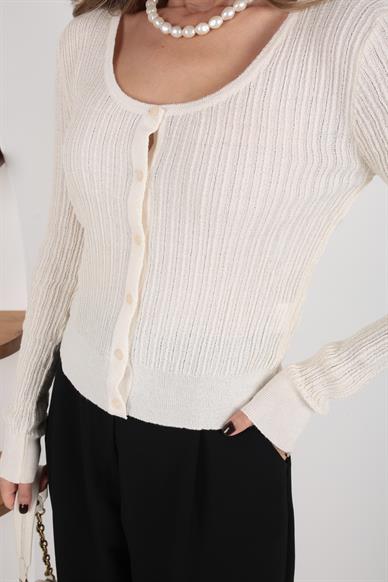 Geniş Yaka Transparan Ekru Hırka