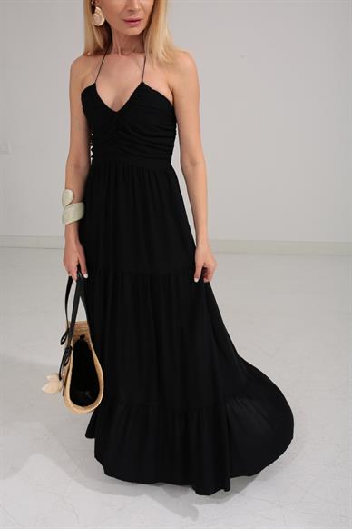 Göğüs Drapeli Boyundan Bağlamalı Siyah Elbise