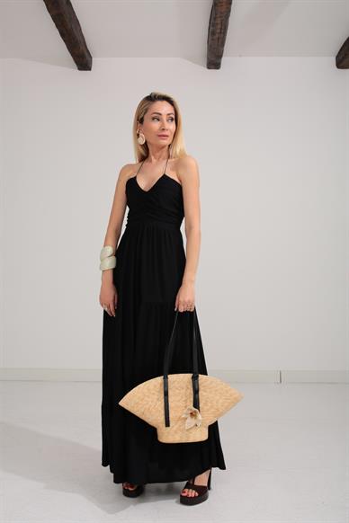 Göğüs Drapeli Boyundan Bağlamalı Siyah Elbise