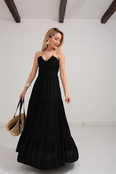 Göğüs Drapeli Boyundan Bağlamalı Siyah Elbise