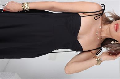 Göğüs Kuplu Siyah Uzun Elbise