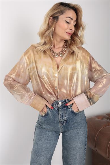 Gold Batik Desen Transparan Gömlek