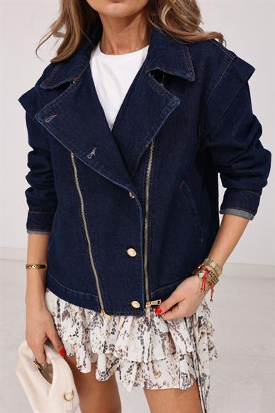 Gold Detay Fermuarlı Denim Ceket