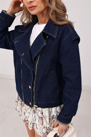 Gold Detay Fermuarlı Denim Ceket