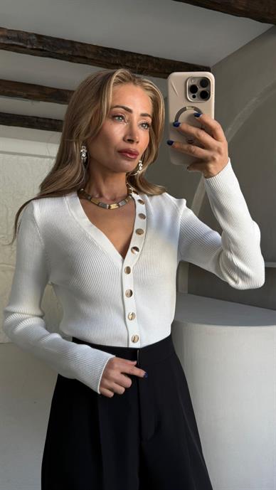 Gold Detay V Yaka Çıtçıtlı Hırka