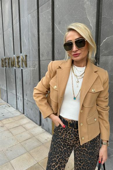 Gold Düğme Detay Camel  Kaşe Ceket