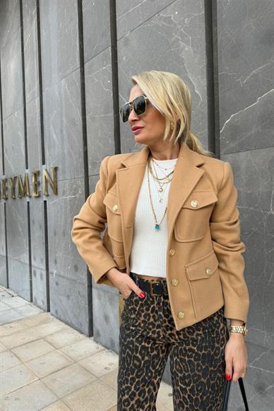 Gold Düğme Detay Camel  Kaşe Ceket