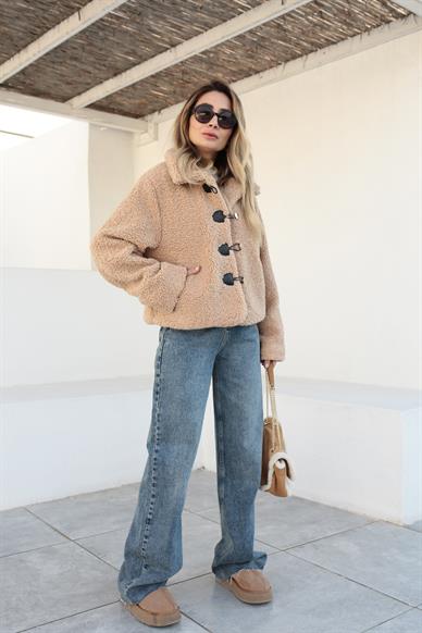 Gold Düğme Detay Camel Teddy Kaban