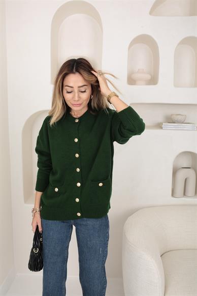 Gold Düğme Detay Haki  Hırka