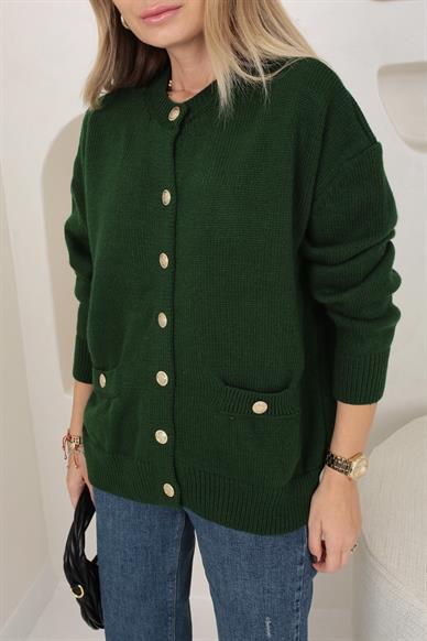 Gold Düğme Detay Haki  Hırka