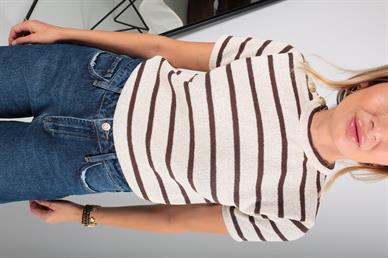 Gold Düğme Detay Kahve Çizgili Örme Bluz