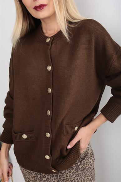 Gold Düğme Detay Kahve Hırka