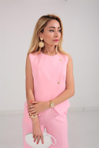 Gold Düğme Detay Şeker Pembe Yelekli Takım